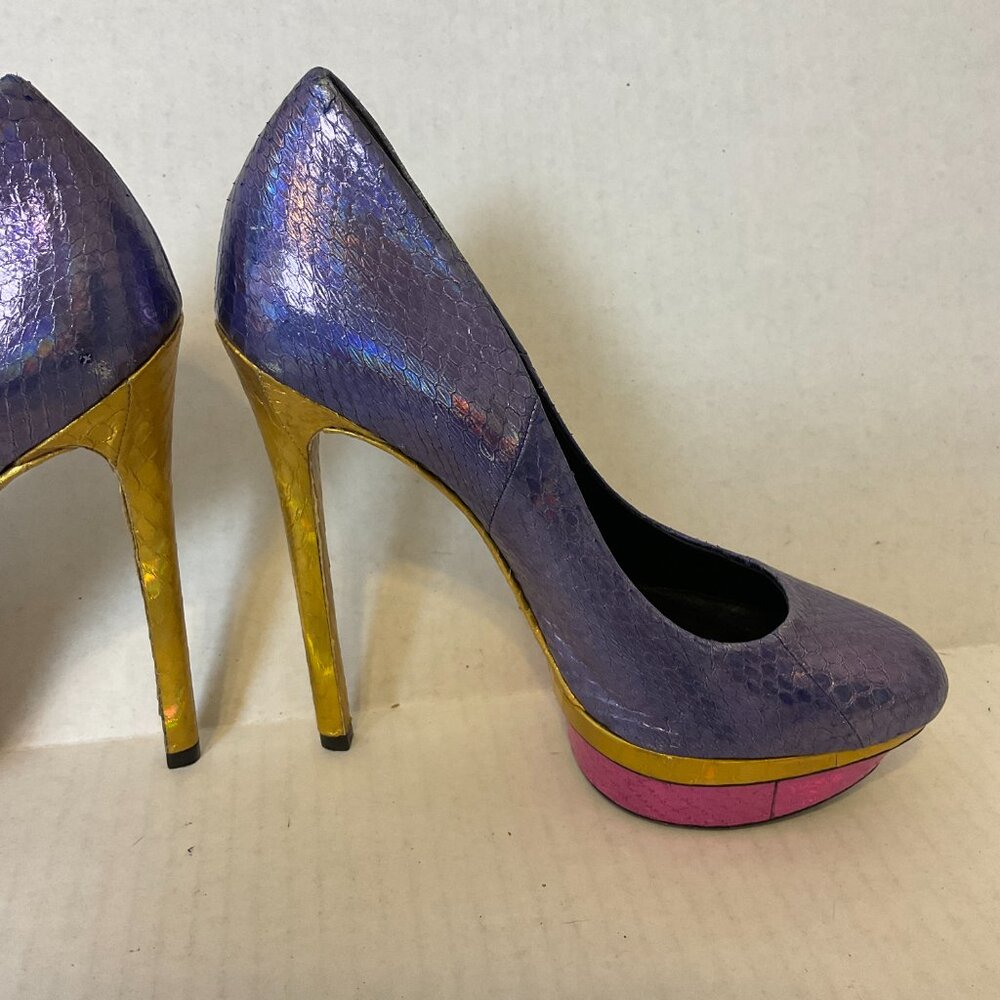 Brian Atwood Platform Stiletto Heels 6.5 Purple Gold Magenta Snakeskin Print - Picture 8 of 9